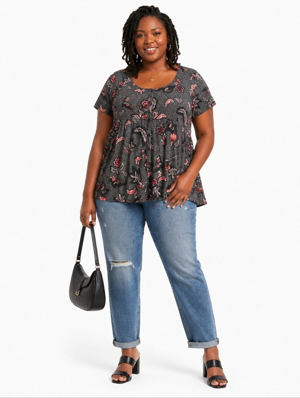 Torrid Plus Size Charcoal Floral Short-Sleeve Babydoll Top Size 22/24